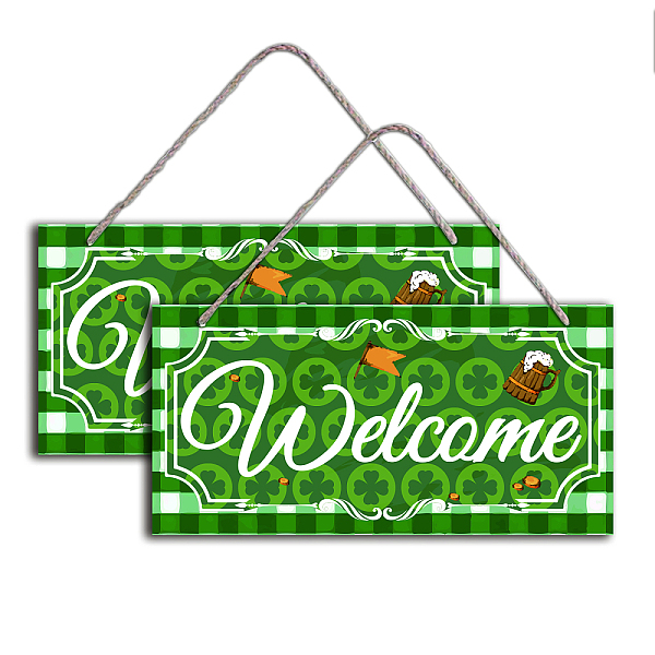 

PandaHall Natural Wood Hanging Wall Decorations, with Jute Twine, Rectangle with Word Welcome, Dark Green, 15x30x0.5cm Wood Word