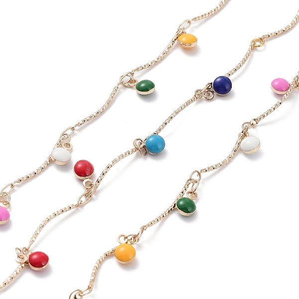 

PandaHall Handmade Brass Curved Bar Link Chains, with Colorful Enamel Flat Round Charms, Soldered, with Spoo, Light Gold, 17.5x4x1mm, about...