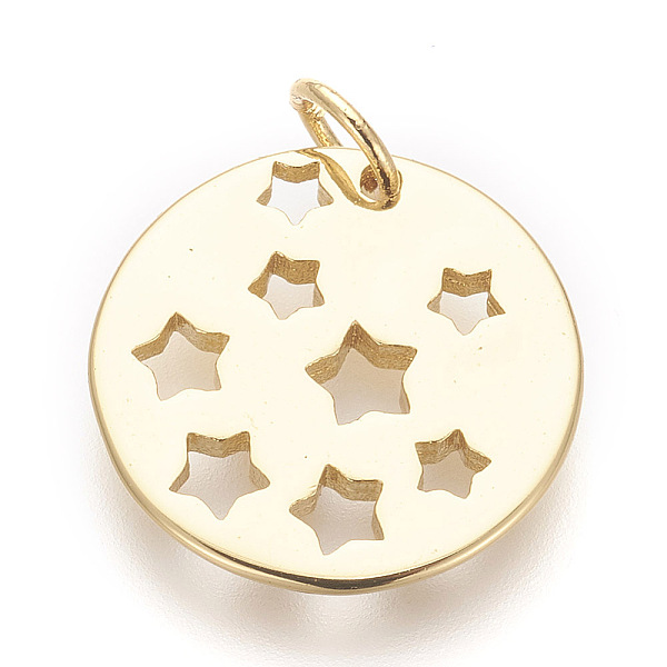 

PandaHall Brass Charms, Lead Free & Cadmium Free, Flat Round with Star, Golden, 15x1.5mm, Hole: 3mm Brass Flat Round