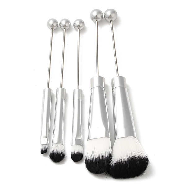 PandaHall Beadable Makeup Brushes Set, Artificial Fiber Cosmetic Brushes Bristles, with Iron Handle, Silver, 12.5~15.5cm, 5pcs/set Iron