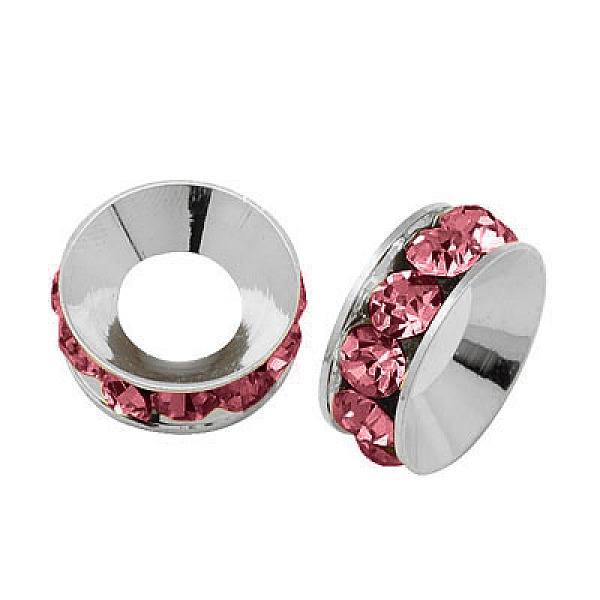 

PandaHall Brass Rhinestone Spacer Beads, Grade A, Rondelle, Silver Color Plated, Rose, 7x3.3mm Brass+Rhinestone Rondelle Pink