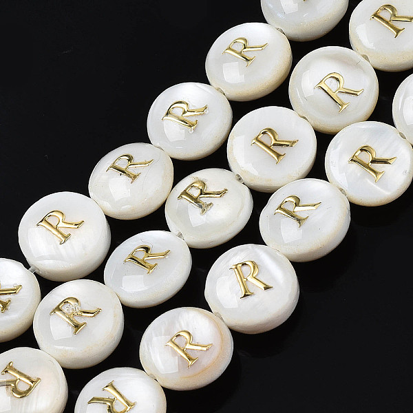 

PandaHall Natural Freshwater Shell Beads, with Golden Enamel, Horizontal Hole, Flat Round with Alphabet, Seashell Color, Letter.R...