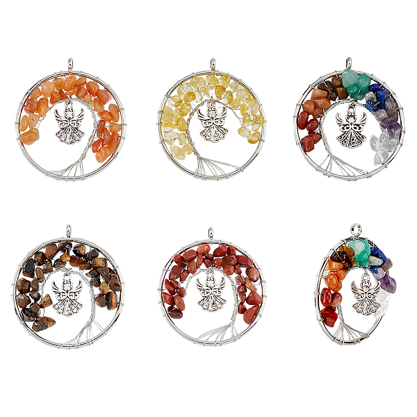 

PandaHall SUPERFINDINGS 1 Set Natural Mixed Stone Chip Big Pendants, Alloy Angel Gemstone Tree of Life Charms, Antique Silver...