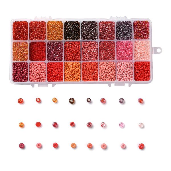 

PandaHall Red Series 600G 24 Colors Glass Seed Beads, Round, Mixed Color, 8/0, 3~4x2~3mm, Hole: 0.8~1mm, 25g/color Glass Multicolor