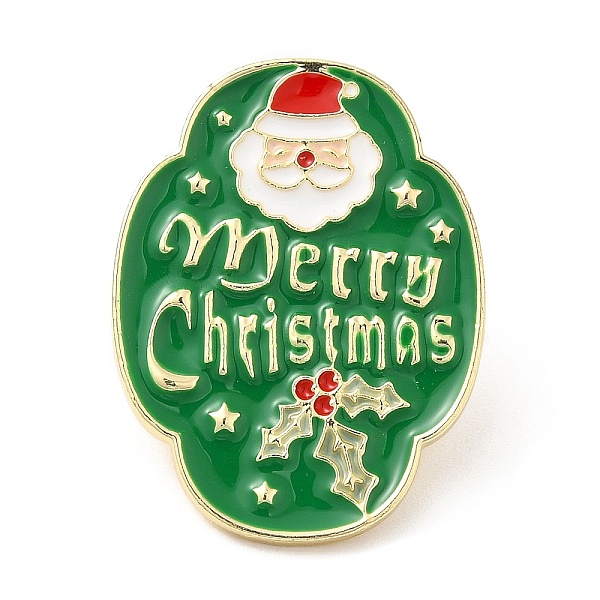 PandaHall Christmas Theme Enamel Pins, Light Gold Alloy Badge for Backpack Clothes, Santa Claus, 30x23x2mm Alloy+Enamel Santa Claus Green