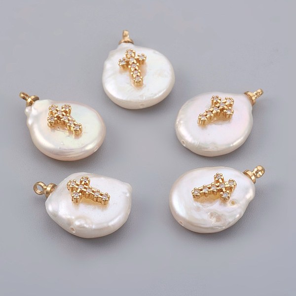 

PandaHall Natural Cultured Freshwater Pearl Pendants, with Cubic Zirconia and Brass Findings, Long-Lasting Plated, Cross, Real 18K Gold..., White