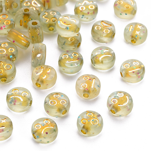 

PandaHall Transparent Acrylic Beads, Metal Enlaced, with Glitter Powder, Flat Round with Expression, Golden Plated, 7x4mm, Hole: 1.5mm..., Clear