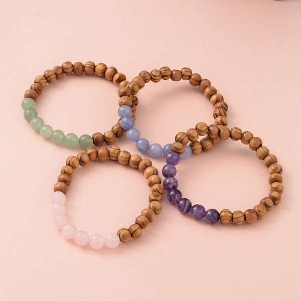 

PandaHall Round Wood Beaded Stretch Bracelets, with Natural Gemstone Beads, 61mm Mixed Stone