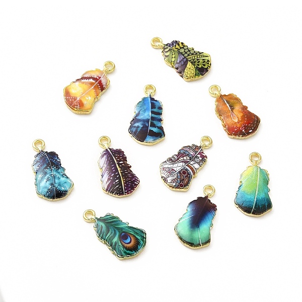 

PandaHall Rack Plating Alloy Pendants, Printed, Lead Free & Cadmium Free & Nickel Free, Leaf Charm, Light Gold, Mixed Color, 19x10.5x2.5mm..., Multicolor