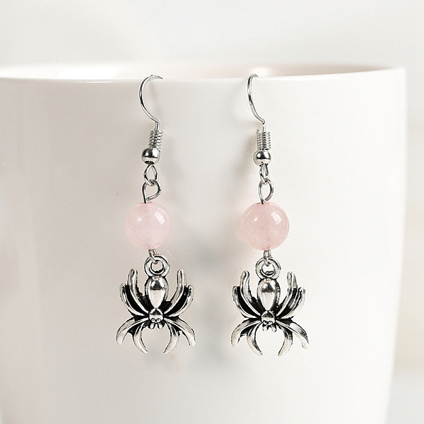 

PandaHall Natural Rose Quartz Dangle Earrings, Alloy Halloween Spider Jewelry for Women, 46x8mm Rose Quartz Spider