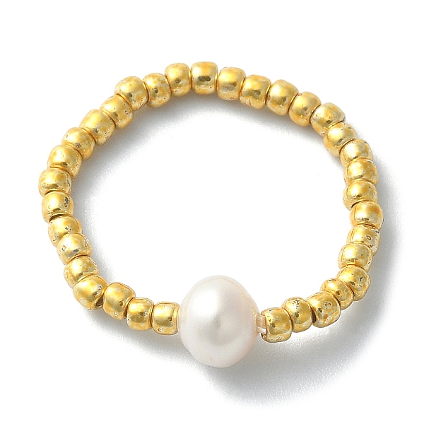 

PandaHall Natural Pearl & TOHO Round Seed Braided Bead Style Finger Ring, Round, Inner Diameter: 16mm, Round: 5.6mm Pearl Round