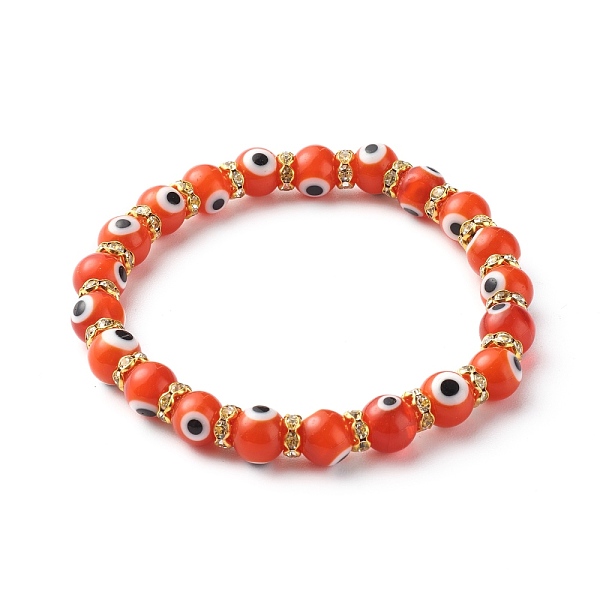 

PandaHall Handmade Evil Eye Lampwork Beaded Stretch Bracelets, with Flat Round Brass Rhinestone Beads, Orange, Inner Diameter: 2-1/2 inch...