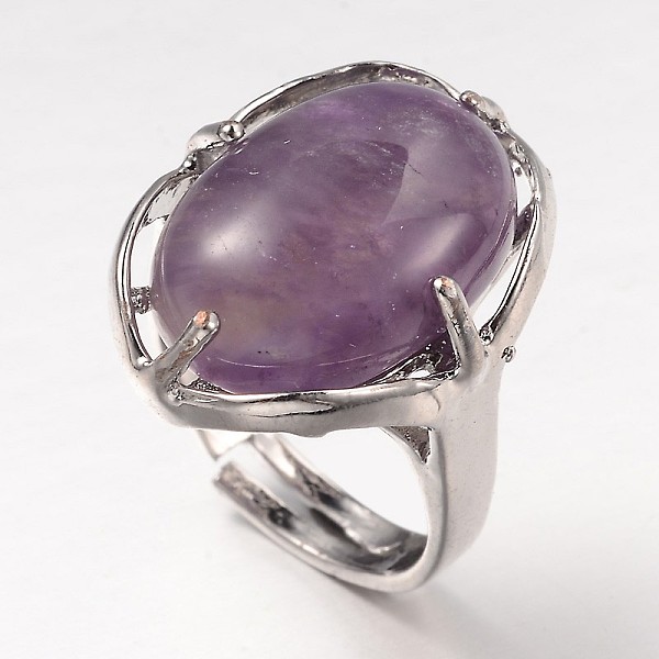 

PandaHall Adjustable Oval Gemstone Wide Band Rings, with Platinum Tone Brass Findings, US Size 7 1/4(17.5mm) Amethyst
