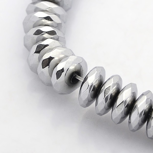 

PandaHall Electroplate Non-magnetic Synthetic Hematite Beads Strands, Faceted Rondelle, Platinum Plated, 8x3mm, Hole: 1mm, about...