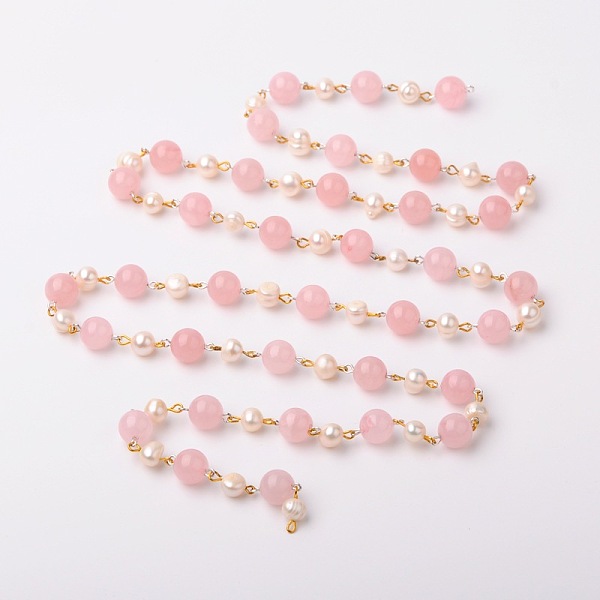 

PandaHall Handmade Round Gemstone Beads Chains for Necklaces Bracelets Making, with Glass Pearl Beads and Silver Color Plated & Golden Iron..., Pink