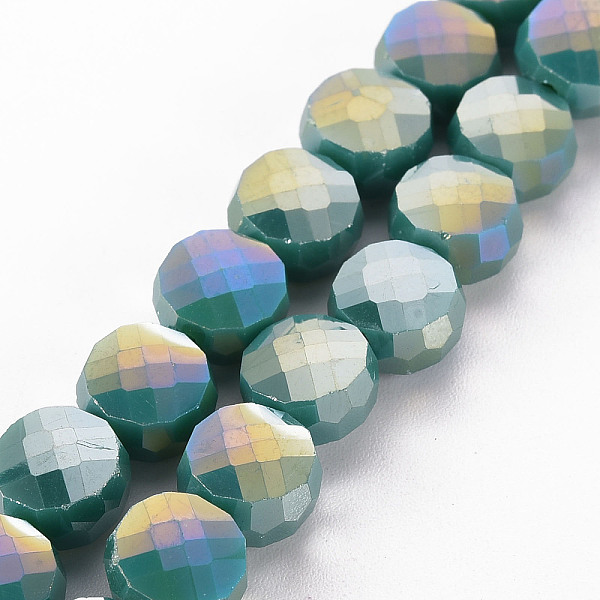 

PandaHall Opaque Electroplate Glass Beads Strands, AB Color Plated, Faceted, Flat Round, Dark Cyan, 8x5mm, Hole: 1.5mm, about...