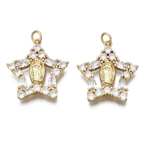 

PandaHall Brass Clear Cubic Zirconia Pendants, Lady of Guadalupe Charms, Nickel Free, Star with Virgin Mary & Jump Rings, Real 16K Gold...