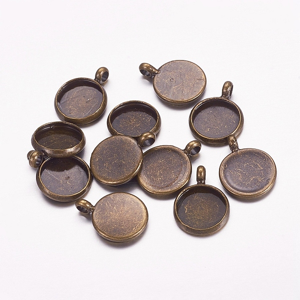 PandaHall Antique Bronze Brass Pendant Cabochon Settings, Plain Edge Bezel Cups, Nickel Free, Tray: 10mm, 12x2mm, Hole: 3mm Brass Flat Round