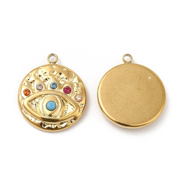

PandaHall Vacuum Plating 201 Stainless Steel with Colorful Rhinestone Pendants, Flat Round with Evil Eye Charms, Real 18K Gold Plated...