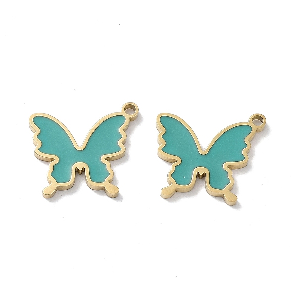 

PandaHall Ion Plating(IP) 304 Stainless Steel Pendants, with Enamel, Butterfly Charm, Golden, Light Sea Green, 13.5x15x1.5mm, Hole: 1.4mm...