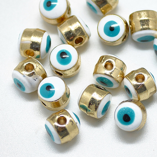 

PandaHall Alloy Enamel Beads, Column with Evil Eye, Light Gold, Dark Turquoise, 5.5x6x6mm, Hole: 1.4mm Alloy+Enamel Evil Eye Cyan