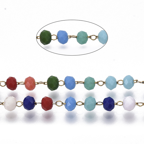 

PandaHall Handmade Faceted Glass Beaded Chains, with Stainless Steel Cable Chains and Spool, Soldered, Round, Golden, Colorful, Link...