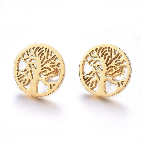 

PandaHall 304 Stainless Steel Stud Earrings, Hypoallergenic Earrings, Flat Round with Tree of Life, Golden, 15x1.2mm, Pin: 0.8mm 304...
