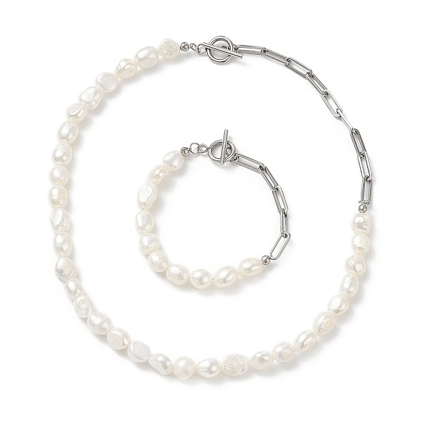 Natürliche Barocke Perlenkette Und Armband Mit 304 Büroklammerkette Aus Edelstahl