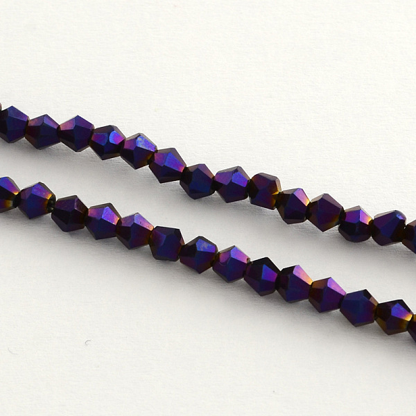 

PandaHall Electroplate Glass Bead Strands, Rainbow Plated, Faceted Bicone, Purple Plated, 4x4.5mm, Hole: 1mm, 92~96pcs/strand, 13.78~14.37...