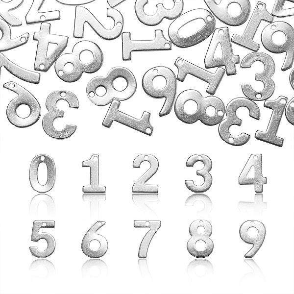 PandaHall 100Pcs 10 Style 201 Stainless Steel Charms, Number, Stainless Steel Color, 11x6.5~8x0.6mm, Hole: 1mm, 10pcs/style 201 Stainless...