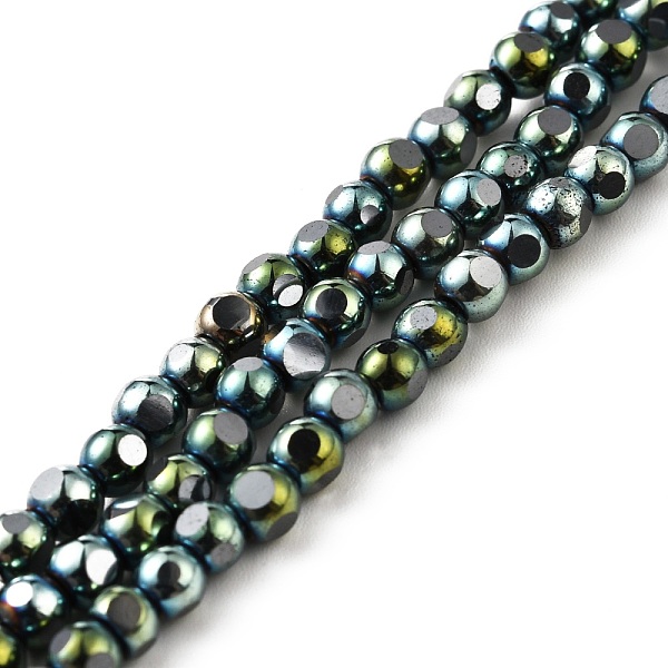PandaHall Vacuum Plating Non-magnetic Synthetic Hematite Beads Strands, Faceted, Round, Green Plated, 3.5~4x4x3.5~4mm, Hole: 0.8mm, about...