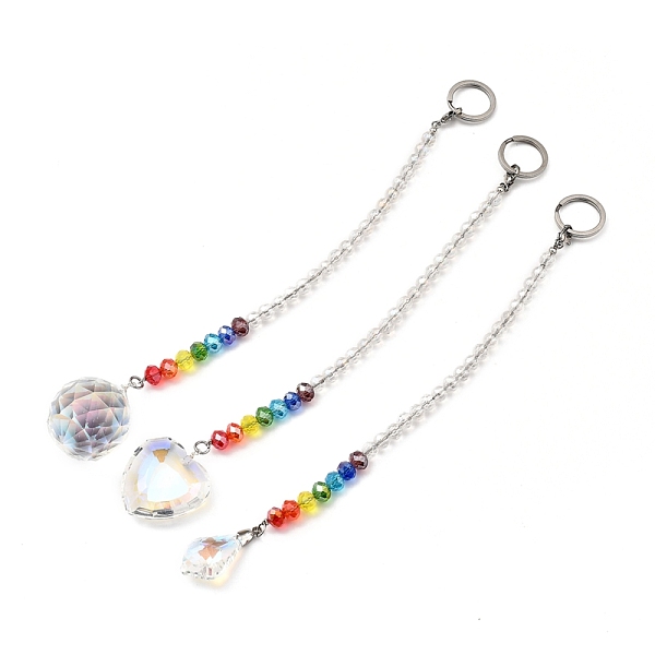 PandaHall Chakra Crystal Suncatcher Dowsing Pendulum Pendants, with 304 Stainless Steel Split Key Rings, Glass Beads, Velvet Bag, Leaf &...