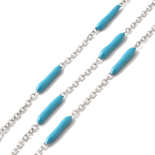 

PandaHall Enamel Column Link Chains, with 304 Stainless Steel Cable Chains, Unwelded, with Spool, Deep Sky Blue, 14~17x2~3mm and 1.5x2x0.5mm...