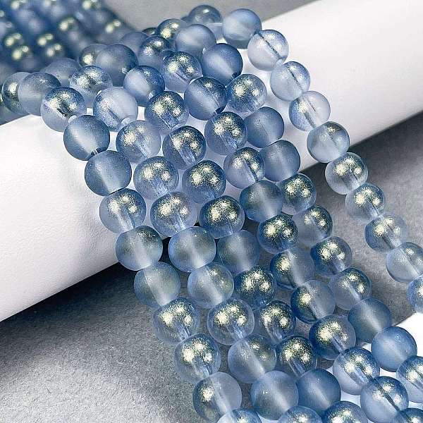 

PandaHall Frosted Transparent Glass Bead Strands, with Gold Powder, Round, Light Steel Blue, 6mm, Hole: 1mm, about 146pcs/strand, 31.02''...
