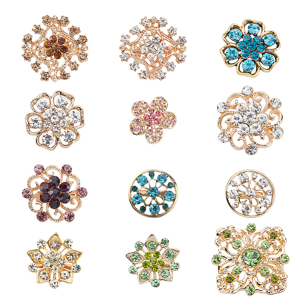 PandaHall 12 Pcs 7 Styles Multi-Color Zircon Rhinestone Buttons Flower Crystal Buttons, Colorful Rhinestone Pins Wedding Dress Brooch for...