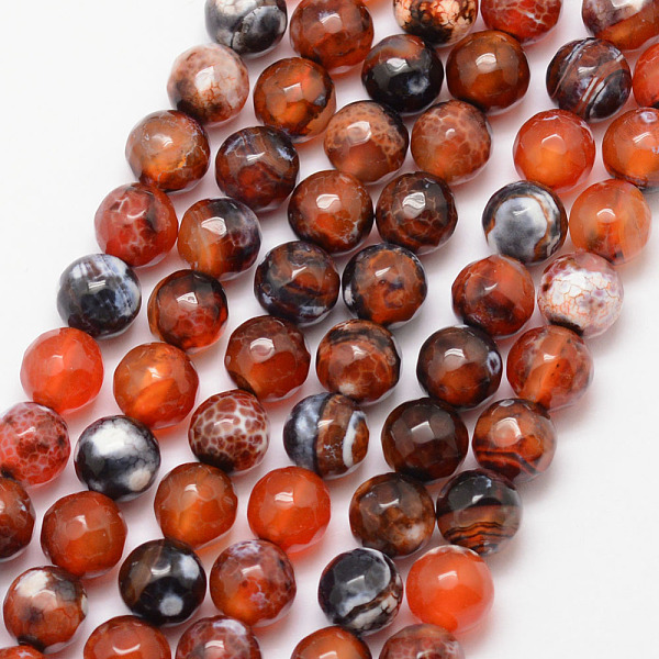 PandaHall Natural Fire Crackle Agate Bead Strands, Round, Grade A, Faceted, Dyed & Heated, Chocolate, 8mm, Hole: 1mm, about 47pcs/strand, 15...