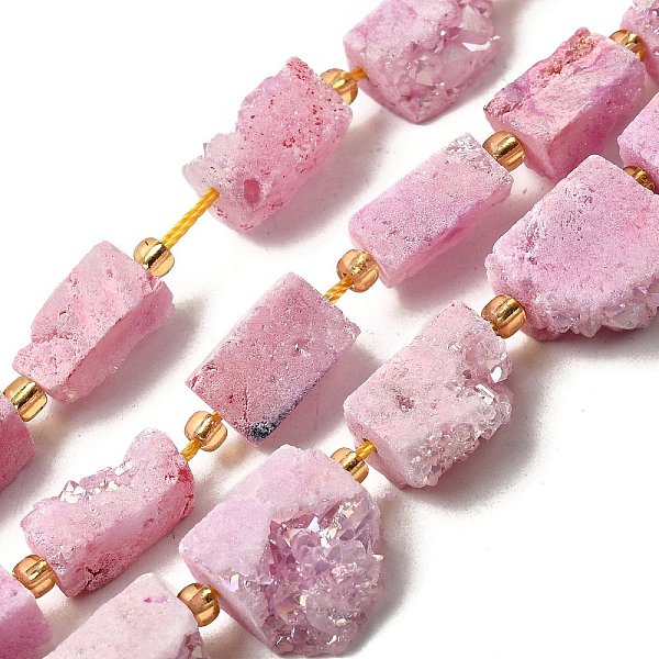 Galvani natürliche druzy Achat Perlen Stränge, Rechteck, mit Glasperlen, Perle rosa, 15-16.5x7.5-9.5x7.5-12 mm, Bohrung: 1 mm, ca. 10 Stk. / Strang, 7.36''-7.48'' (18.7-19 cm)