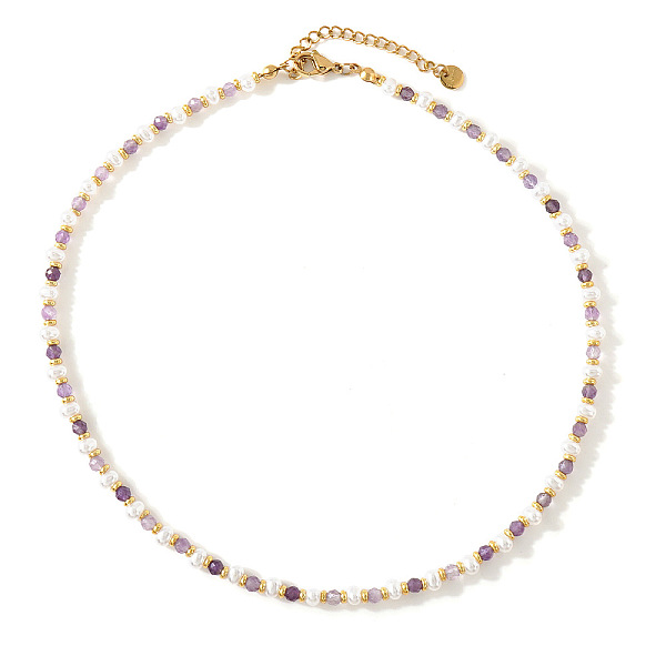 Colliers de perles rondes facettées en imitation perle blanche et améthyste naturelle avec chaînes d'extrémité en acier inoxydable 304 pour...