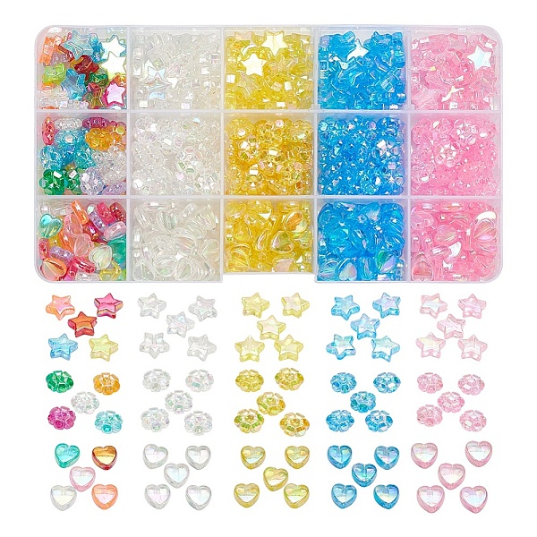 

PandaHall 600Pcs 15 Styles Transparent Acrylic Beads, Star & Heart & Flower, AB Plated, Mixed Color, 10x4mm, Hole: 1mm, about 600pcs/box..., Multicolor