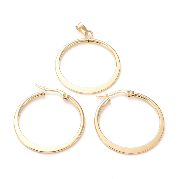 

PandaHall 304 Stainless Steel Jewelry Sets, Hoop Earrings and Pendants, Flat Ring, Golden, Hoop Earrings: 34.5x30x2mm, Pin: 0.6x1mm, Pendant...