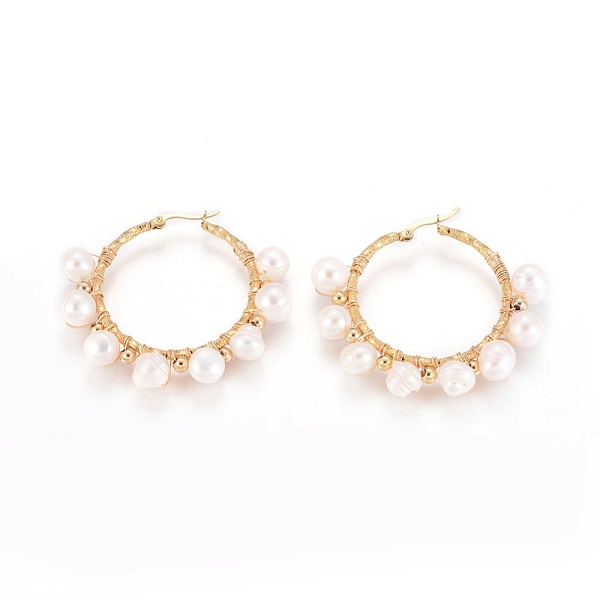 

PandaHall 304 Stainless Steel Hoop Earrings, with Natural Pearls, Ring, Golden, 52x56x9~9.5mm, Pin: 0.7x1mm Pearl Ring White