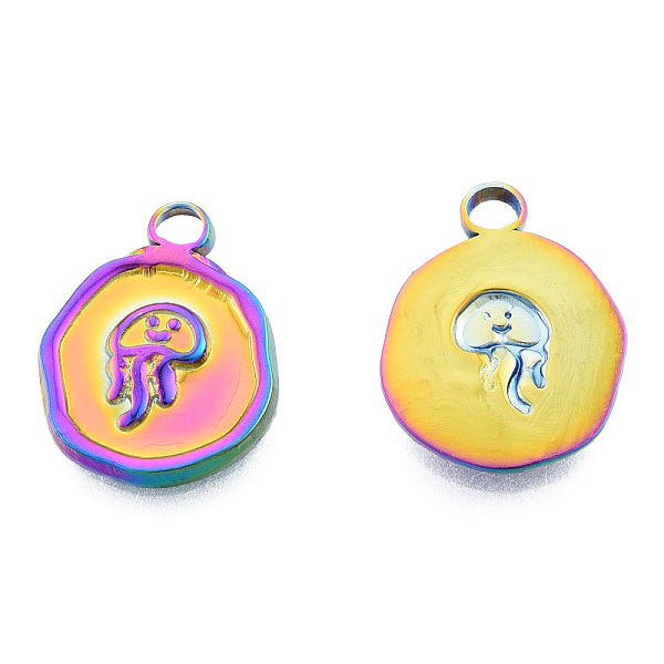 

PandaHall Ion Plating(IP) 201 Stainless Steel Pendants, Flat Round with Jellyfish, Rainbow Color, 16x13x2mm, Hole: 2mm 201 Stainless Steel...
