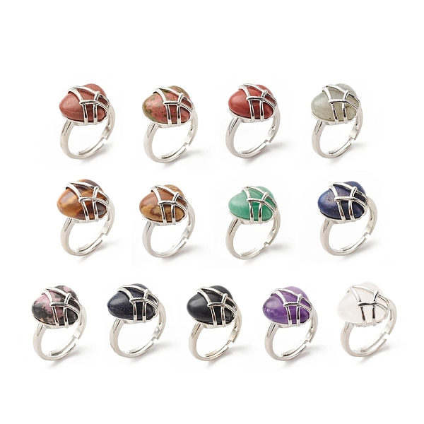 

PandaHall Gemstone Heart Adjustable Ring, Platinum Plated Brass Wire Wrap Jewelry for Women, Cadmium Free & Lead Free, Inner Diameter...