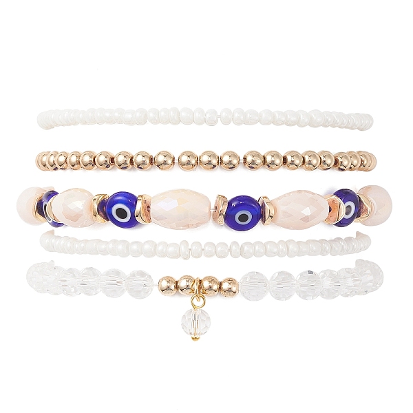 

PandaHall 5Pcs 5 Style Glass & Lampwork Evil Eye Stretch Bracelets Set, Stackable Bracelet with Round Charms, Clear, Inner Diameter: 2-3/8...