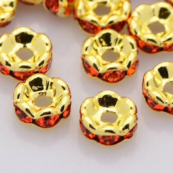 

PandaHall Brass Rhinestone Spacer Beads, Grade A, Wavy Edge, Golden Metal Color, Rondelle, Hyacinth, 6x3mm, Hole: 1mm Brass+Rhinestone..., Red
