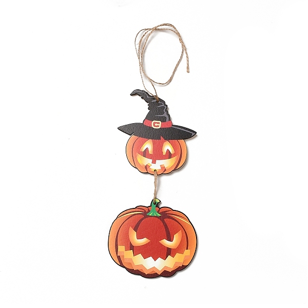 

PandaHall Halloween Decorations, Pumpkin Wooden Hanging Wall Decorations, with Jute Twine, 260x117x4mm Wood Pumpkin