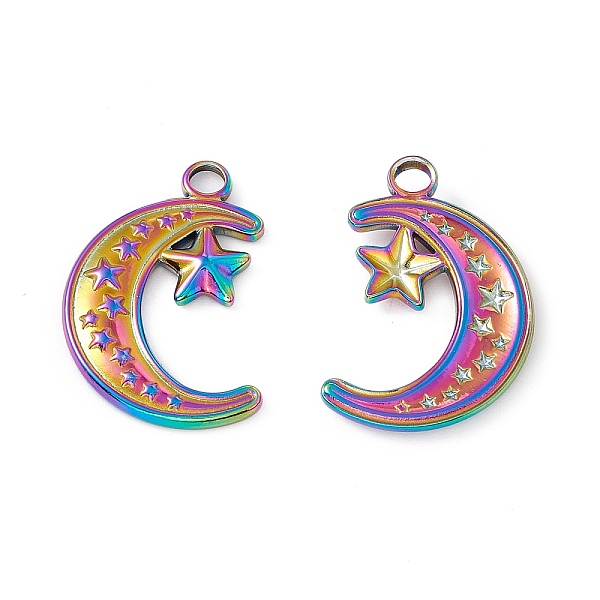 

PandaHall Ion Plating(IP) 304 Stainless Steel Pendants, Moon with Star, Rainbow Color, 24x16x2mm, Hole: 3mm 304 Stainless Steel Moon
