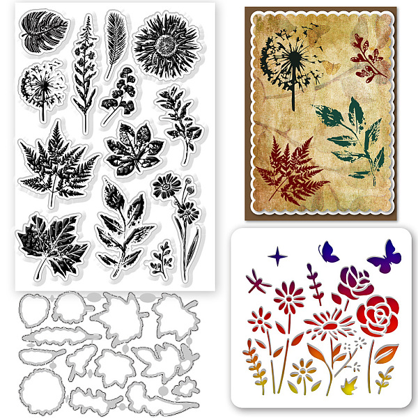 

PandaHall GLOBLELAND Leaf Carbon Steel Cutting Dies Stencils with Leaf Clear Stamps and Flower PET Hollow Out Drawing Painting Stencils for...