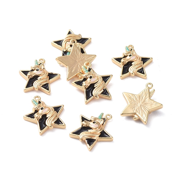 PandaHall Brass Pendants, with Enamel, Star with Unicorn, Real 18K Gold Plated, Black, 15.3x14x3.4mm, Hole: 1mm Brass+Enamel Star Black