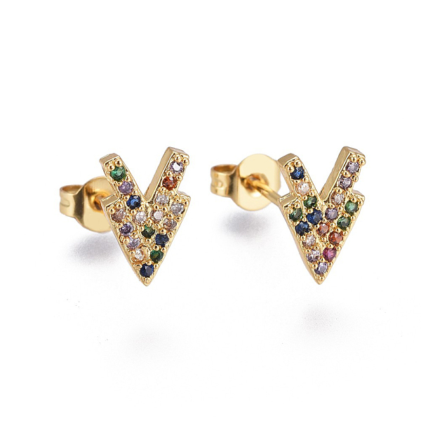 

PandaHall Brass Micro Pave Cubic Zirconia Stud Earrings, with Brass Ear Nuts, V Shaped, Colorful, Golden, 10x6mm, Pin: 0.7mm Cubic Zirconia